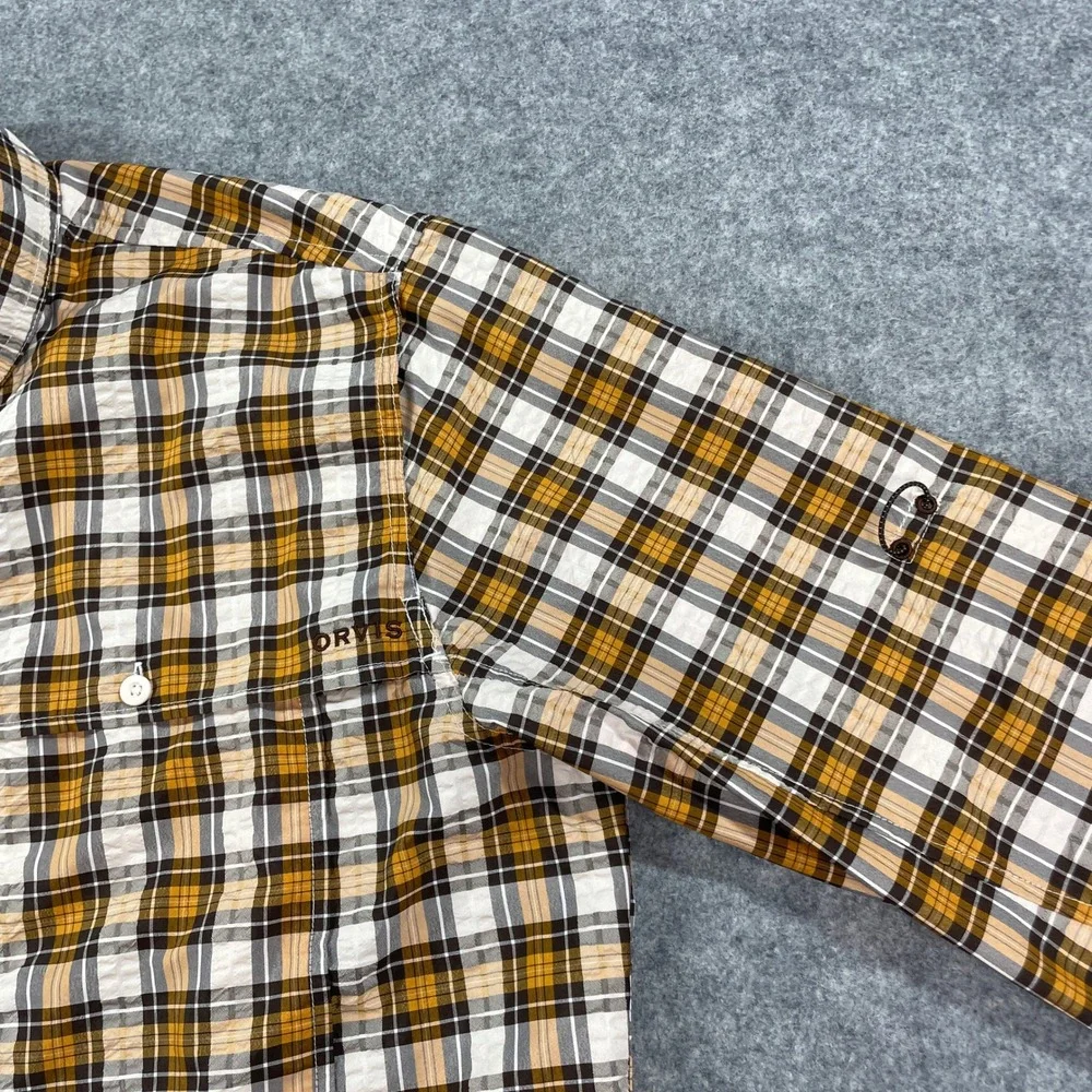 Orvis Mens Shirt L Plaid (Yellow, White, Brown, Gray) Plaid Long Sleeve
